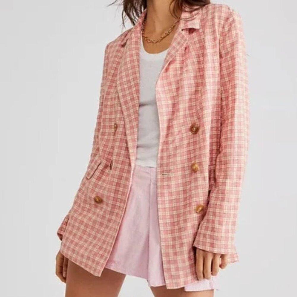 Free People Olivia Gingham Blazer Jacket Pink Size XS NWT Retail $178 - Picture 4 of 9